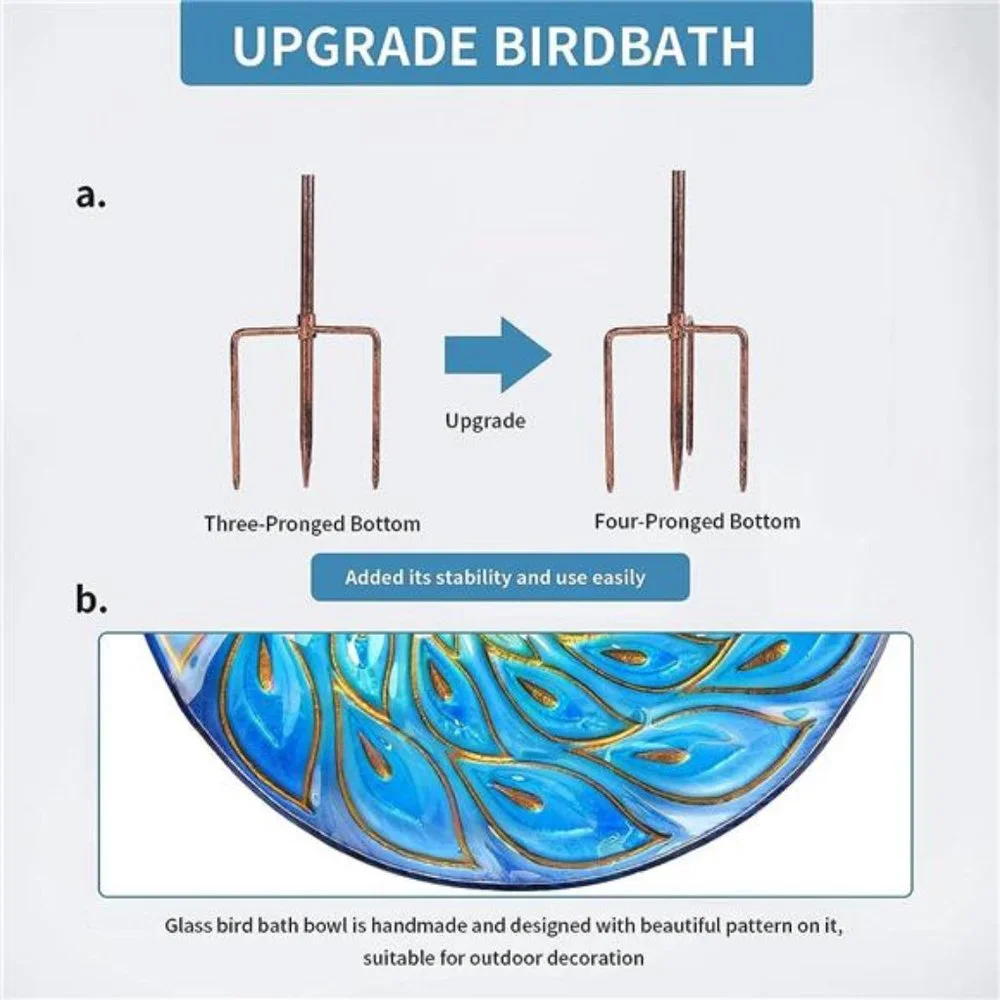 Glass Bird Bath, Garden Outdoor Birdbaths Birdfeeder with Metal Stake Peacock